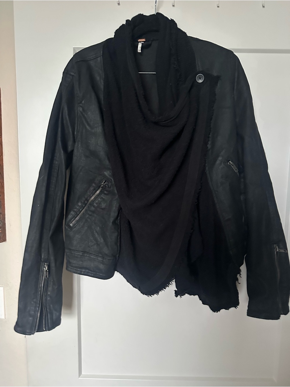 Free People Black Draped Leather Jacket with Scarf Panel